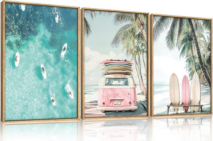 HOURIA Summer Surfboard Beach Framed Canvas Wall Art Set,Modern Ocean Surfing Seascape Wall Decor,Coastal Bus Coconut Tree Wall Painting,Nature Botanical Art Prints for Living Room, Bedroom-24 x36 x3