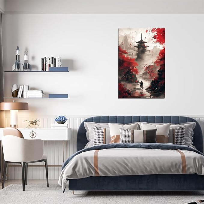 Japanese Canvas Wall Art Japanese Landscape Painting Prints Red and Black Cherry Blossom Trees Building Pictures Artwork for Men Bedroom Living Room Office (12''W x 16''H)