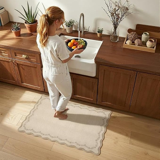 GarveeHome Scalloped Entryway Rug, 2x3 Solid Jute Washable Front Door Rug Indoor Entrance Floral Carpet Non-Slip Low Pile Throw Rugs for Kitchen Floor, Powder Room, Entry, Bathroom, Kids Room