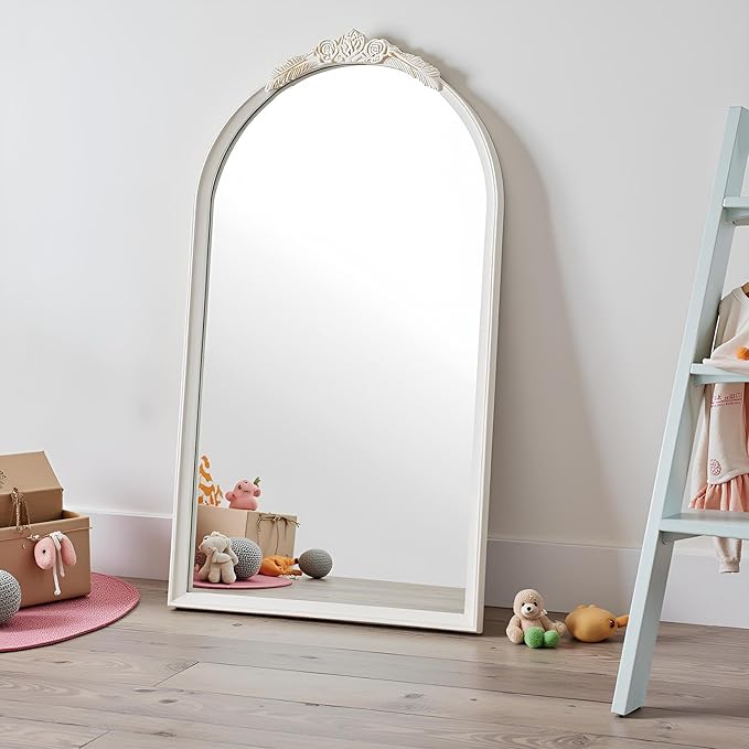 ZIYOO Vintage Arched Floor Or Wall Mirror Distressed White Carved Wood with Floral Carved Top, French Country Style Decorative Mirror for Wall Decor Bedroom, Living Room, Entryway, White, 51" x 30"