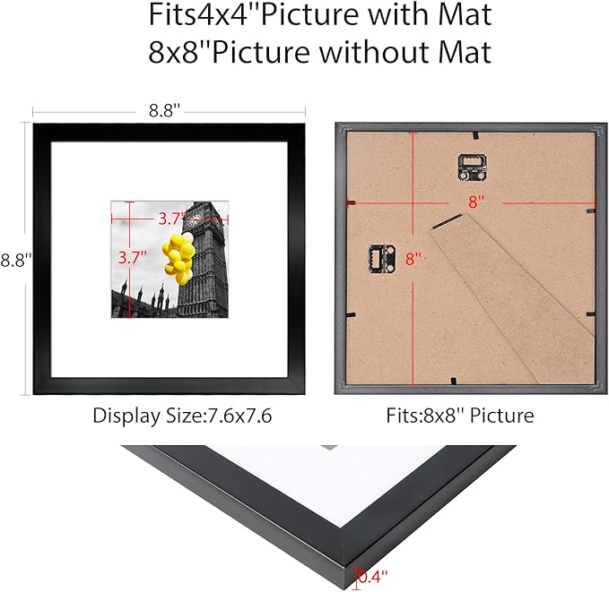 8x8 Picture Frame Set of 6, Display Pictures 4x4 with Mat or 8x8 Without Mat, Tabletop Display and Wall Hanging Photo Frame, Collage Wall Decor Gallery Wall Frame Set, Black