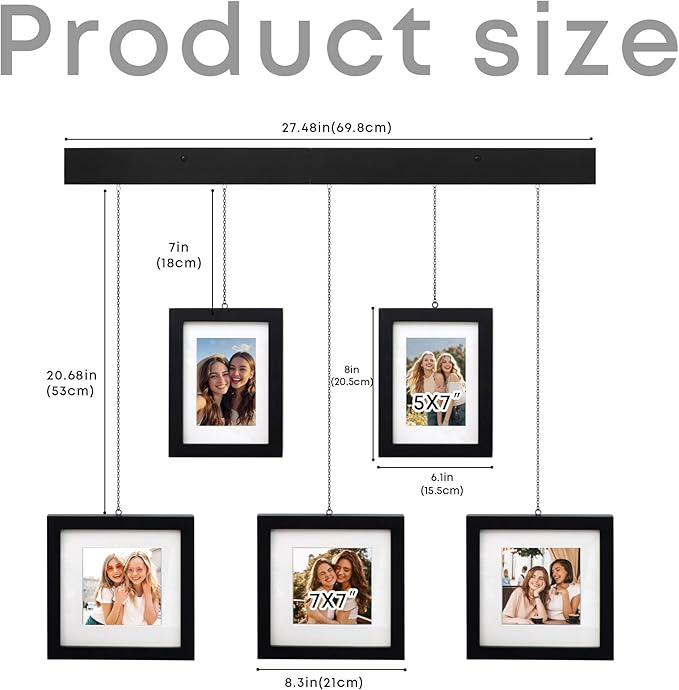 Solid Wood Collage Picture Frame Set of 5, Black Gallery Wall Hanging Frames with Adjustable Metal Chains, Displays Two 5x7 and Three 7x7 Photos,Ideal for Living Room, Hallway and Home Decor
