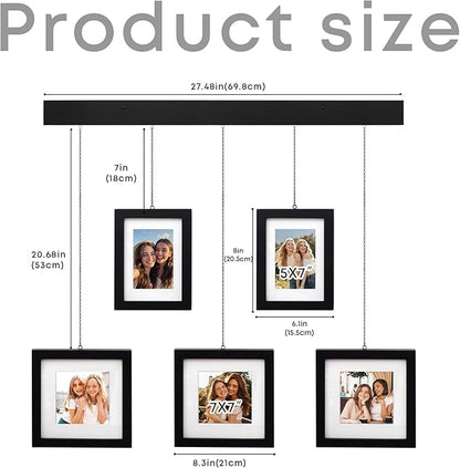 Solid Wood Collage Picture Frame Set of 5, Black Gallery Wall Hanging Frames with Adjustable Metal Chains, Displays Two 5x7 and Three 7x7 Photos,Ideal for Living Room, Hallway and Home Decor