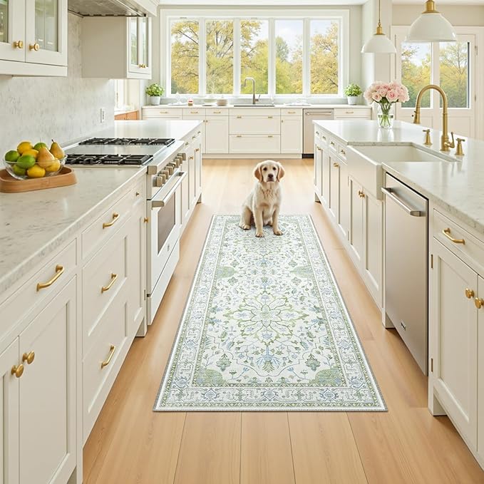 RELEANY Area Rugs 2'x6' Runner Rug Non Slip Washable for Kitchen Hallway Bedroom Beside Laundry Room Bathroom Rug, Floor Carpet, Green White Blue