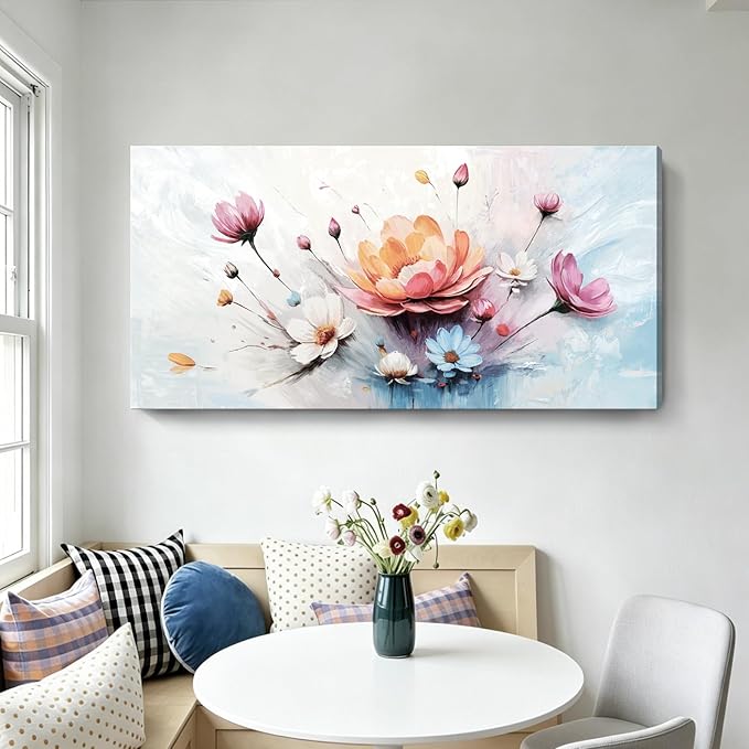 amatop Large Floral Wall Art — Orange, Blue, And Pink Flowers, Colorful Botanical Canvas Print, Modern Abstract Wall Decor For Living Room, Bedroom, Bathroom, Dining Room, And Kitchen. 48X24 Inches.
