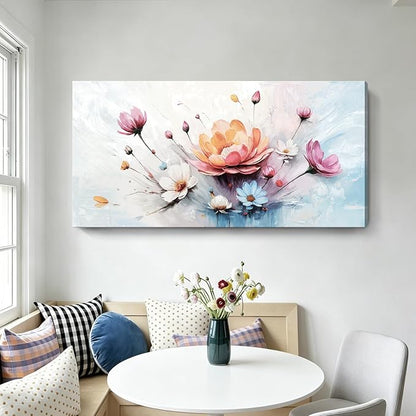 amatop Large Floral Wall Art — Orange, Blue, And Pink Flowers, Colorful Botanical Canvas Print, Modern Abstract Wall Decor For Living Room, Bedroom, Bathroom, Dining Room, And Kitchen. 48X24 Inches.