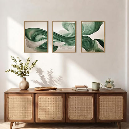 KAIRNE Green Abstract Framed Canvas Wall Art Set,Minimalist Green Lines Wall Decor,Modern Flowing Texture Art Prints,Neutral Smokes Waves Artwork for Living Room,Bedroom,Farmhouse,Office-12 x16 x3