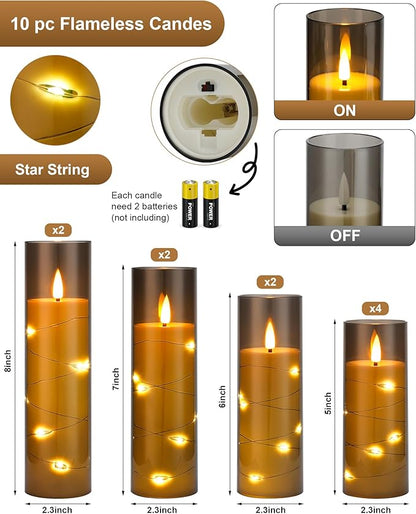 Enido Flameless LED Candles with Remote & Timer, Battery Operated Acrylic Pillar Set, 10 Pc Flickering Electric Lights with Embedded Star String for Cozy Home & Holiday Romantic Decor (Matte Grey)