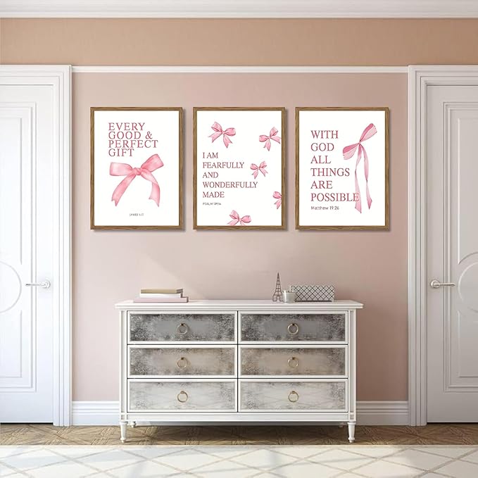 JBZDD Wood Coquette Pink Bow Canvas Wall Art Set of 3, Inspirational Bible Verses Decor Posters Pictures Prints Aesthetic for Girls Room College Apartment Living Room Bedroom Framed 12x16 Inch