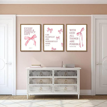 JBZDD Wood Coquette Pink Bow Canvas Wall Art Set of 3, Inspirational Bible Verses Decor Posters Pictures Prints Aesthetic for Girls Room College Apartment Living Room Bedroom Framed 12x16 Inch
