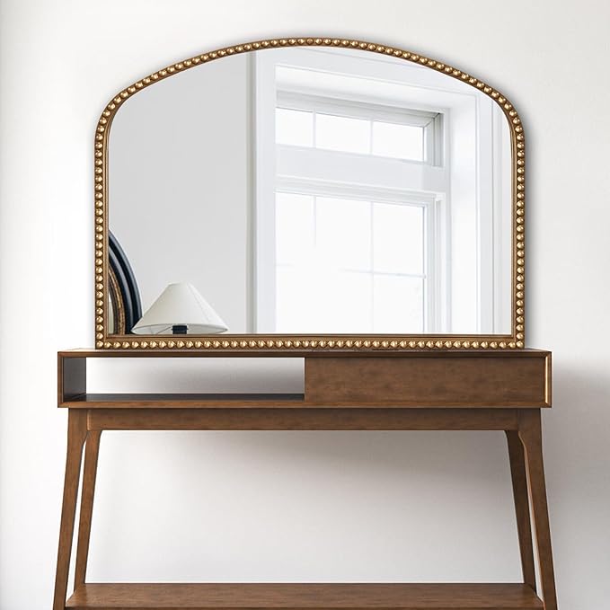 BAODANFU Vanity Mirror for Bedroom, 35" x 28" Large Arch Vintage Gold Wall Mirror, Beaded Frame Decorative Accent Mirrors for Washroom, Living Room, Entryway, Bathroom, Fireplace