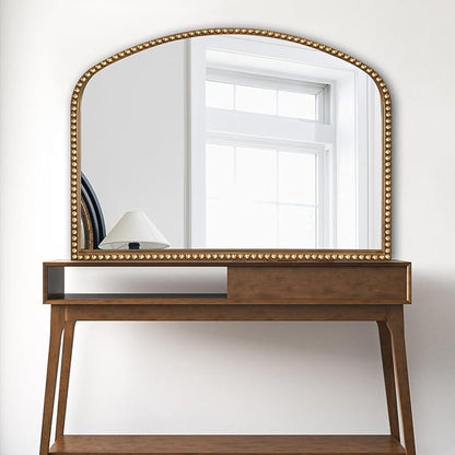 BAODANFU Vanity Mirror for Bedroom, 35" x 28" Large Arch Vintage Gold Wall Mirror, Beaded Frame Decorative Accent Mirrors for Washroom, Living Room, Entryway, Bathroom, Fireplace