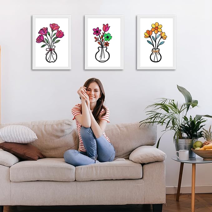 3 Pieces Metal Vase Flowers Wall Arts Decor, Rustic Farmhouse Style Décor Metal Wall Decors Sculptures, Minimalist Flower Natural Themed Decorations for Home Bedroom Gifts(Colorful-C)
