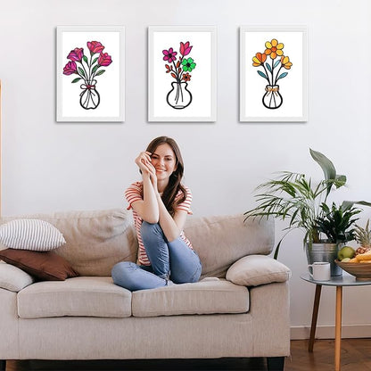 3 Pieces Metal Vase Flowers Wall Arts Decor, Rustic Farmhouse Style Décor Metal Wall Decors Sculptures, Minimalist Flower Natural Themed Decorations for Home Bedroom Gifts(Colorful-C)