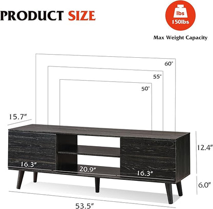 WLIVE Mid-Century Modern TV Stand for 55/60 Inch TV, Entertainment Center with Storage & Adjustable Shelves, Media Console with Soft-Close Cabinets for Living Room/Bedroom, Dark Black