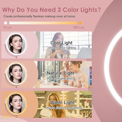 DEIOVWXS Makeup Mirror, 3000mAh Rechargeable Double-Sided Magnifying Vanity Mirror with 3 Colors, 1X/10X, Adjustable Brightness, Gifts for Mom, Mothers Day, Women, Wife, Girls, Dorm Room Essential