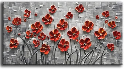 YaSheng Art - 48x24inch Canvas Wall Art, Hand Painted Oil Painting Wall Art ,Abstract 3D Texture Wall Art Pictures, Red Floral Paintings, Modern Home Bedroom Wall Art Decor, Wall Art for living room, Large Framed oil painting.