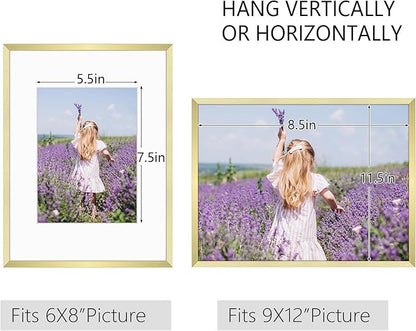 Golden State Art, Gallery Wall Frame Set of 6 - Gold 9x12 Aluminum Photo Frames with Mat for 6x8 Pictures - 9 x 12 inch Metal Frame with Real Glass Cover - Elegant Home or Office Decor