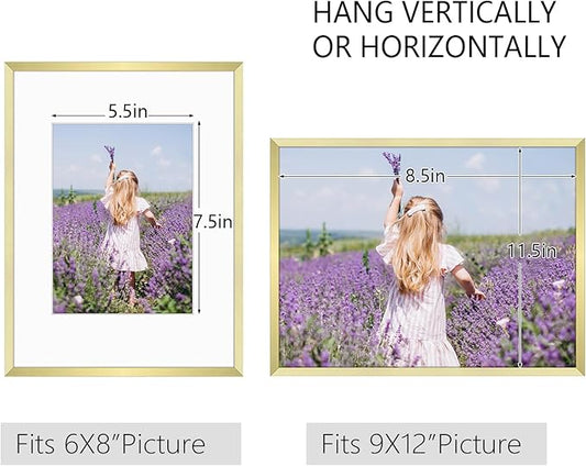 Golden State Art, Gallery Wall Frame Set of 6 - Gold 9x12 Aluminum Photo Frames with Mat for 6x8 Pictures - 9 x 12 inch Metal Frame with Real Glass Cover - Elegant Home or Office Decor