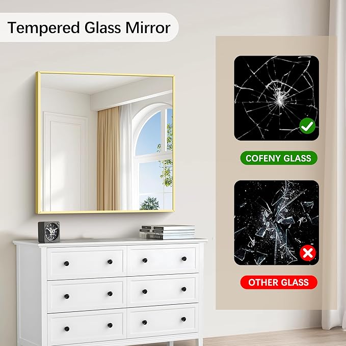 COFENY Gold Bathroom Mirror for Wall, 30x30 Inch Rectangle Mirrors with Metal Frame, Modern Vanity Wall Mirror Decor for Bathroom Living Room, Entryway Hangs Horizontal or Vertical