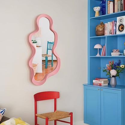 Wavy Mirror Wall Decor for Living Room, 13.8x29.7 Asymmetrical Wall Mounted Mirror with Velvet Touch for Girly Bedroom Decoration, Unique Home Accent for Modern Room Aesthetics (Light Pink)