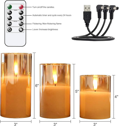 GenSwin Rechargeable LED Flameless Flickering Glass Candles with Remote Timer, Battery Operated Pillar Candles Long Lasting Gold Real Wax USB Candle (D 3”×H 4”5”6”)