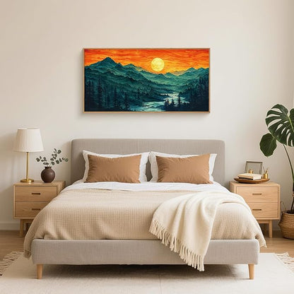 Woodland Mountain Framed Canvas Wall Art Set, Abstract Ridge Wall Painting, Boho Sunset Scenery Wall Decor, Modern Natural Landscape Art Print for Living Room, Bedroom, Office - 20"x40"