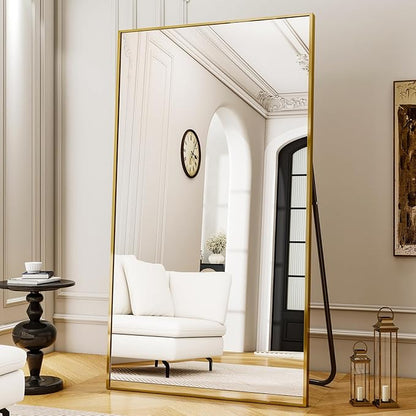 Easly Full Length Mirror with Stand 38"x77" Full Body Mirror Floor Mirror Standing Hanging or Leaning Wall, Wall Mirror with Stand Aluminum Alloy Frame for Living Room Bedroom Cloakroom,Gold