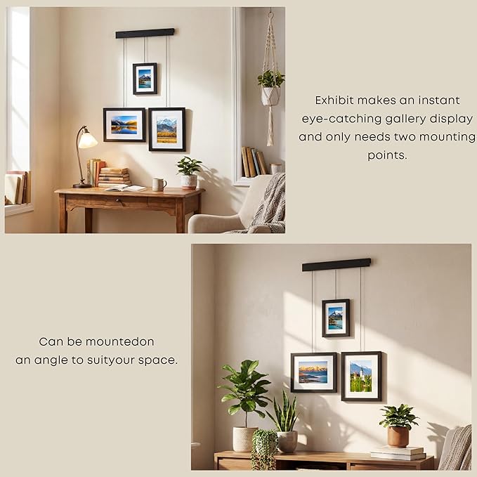 Solid Wood Gallery Wall Frame Set of 3, Black Hanging Picture Frames with Adjustable Chain Display, Fits 5x7 & 8x10 Photos, Acrylic Front, Modern Wall Decor