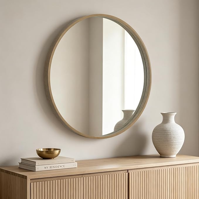 HOMECOOKIN Round Wood Mirror 32 inch Circle Mirror, Rustic Farmhouse Wooden Framed Decorative Wall Decor, Vanity Wall Mirror for Bathroom, Bedroom, Entryway, Living Room (Honey)