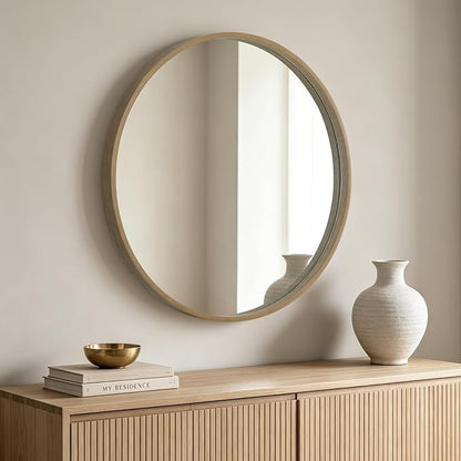 HOMECOOKIN Round Wood Mirror 32 inch Circle Mirror, Rustic Farmhouse Wooden Framed Decorative Wall Decor, Vanity Wall Mirror for Bathroom, Bedroom, Entryway, Living Room (Honey)