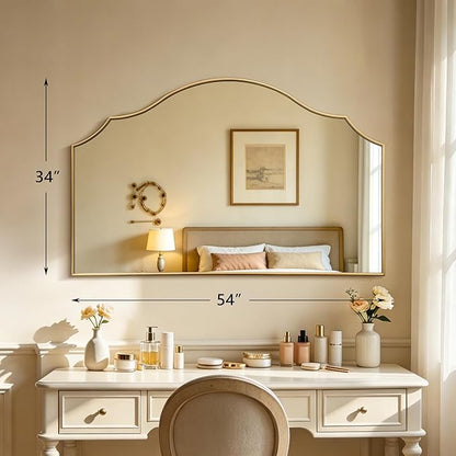 Besdomus Oversized Scalloped Gold Mirror: 54"x34" Modern Minimalist Wood Frame Wall Mirror - Decorative Fireplace Arched Mirrors for Bathroom/Entryway/Vanity/Living Room - Home Decor for Fashion Women