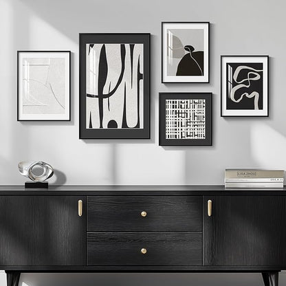 Framed Black and White Abstract Wall Art for Living Room, 5 Piece Modern Prints Paintings Artwork for Walls, Minimalist Black White Pictures for Hallway, Dining Room, Bedroom, Home Office Wall Decor