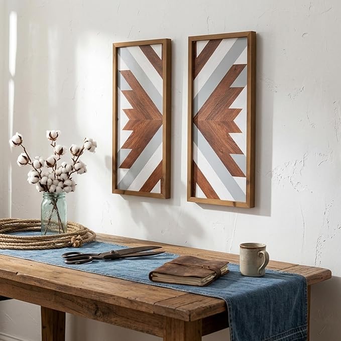 2Pcs Aztec Wood Wall Decor Southwest Nursery Kitchen Boho Cyan Black Wall Art Modern Vintage Geometric Farmhouse Rectangle Framed Hanging Signs Living Room Bathroom Decor