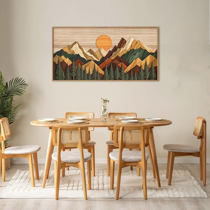 Celestdeco Large Woodcut Style Mountain Framed Canvas Wall Art Set,Woodsy Rustic Ridge Wall Decor,Boho Pine Tree Forest Wall Painting,Abstract Sunrise Wooden Art Print for Living Room,Bedroom,Office-20"X40"(Not-3D Effect)