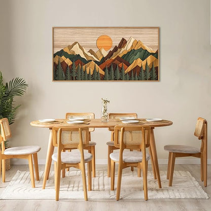 Celestdeco Large Woodcut Style Mountain Framed Canvas Wall Art Set,Woodsy Rustic Ridge Wall Decor,Boho Pine Tree Forest Wall Painting,Abstract Sunrise Wooden Art Print for Living Room,Bedroom,Office-20"X40"(Not-3D Effect)