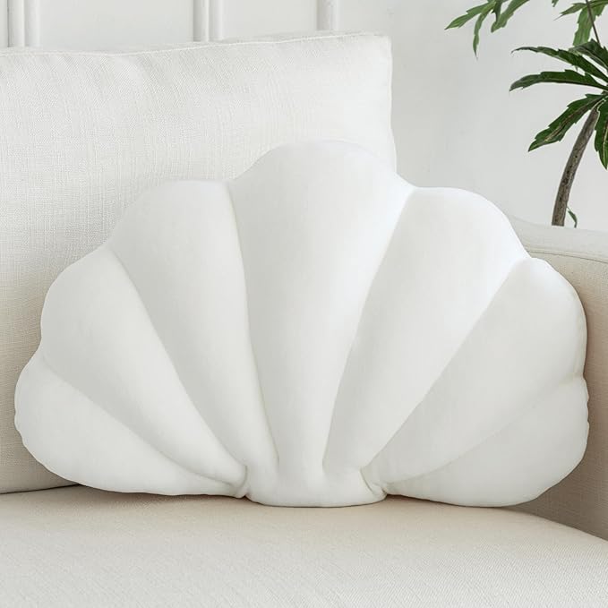 Shell Pillow, Shell Shaped Decorative Throw Pillows with Velet for Couch Bed, Cute Seashell Beachy Room Decor Aesthetic Throw Pillows for Bedroom Living Room(18x13 Inches, White)