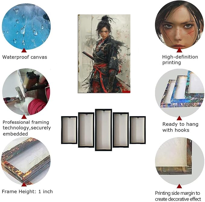 Japanese Female Samurai Wall Art Woman Fight Painting Canvas Prints Warrior Figure Pictures Bushido Posters Japanese Culture Theme Artwork for Bedroom Living Room Decor (28''W x 44''H)