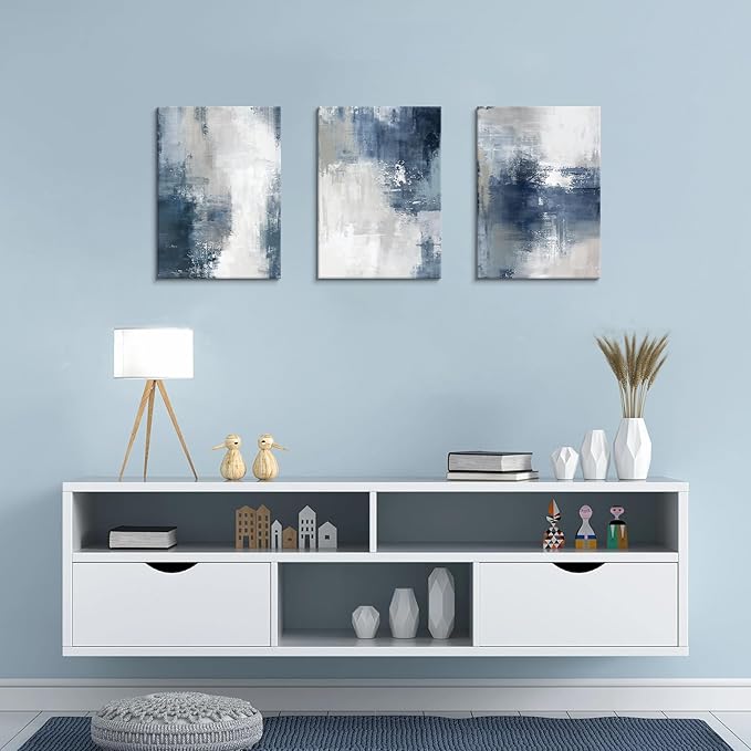 WENGTIAO 3 Pcs Navy Blue Abstract Canvas Wall Art Prints Modern Minimalist Blue Gray Artwork for Walls Framed White Neutral Poster Paintings Decor for Living Room Bedroom Bathroom Office 20x28x3Pcs
