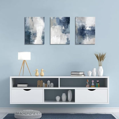 WENGTIAO 3 Pcs Navy Blue Abstract Canvas Wall Art Prints Modern Minimalist Blue Gray Artwork for Walls Framed White Neutral Poster Paintings Decor for Living Room Bedroom Bathroom Office 20x28x3Pcs
