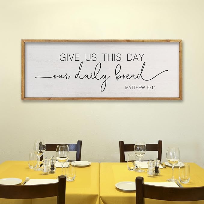 comurdyo Dining Room Wall Decor Give Us This Day Our Daily Bread Sign 32"x12" Religious Catholic Praye Matthew 6:11 Bible Verse Quotes Plaque Modern Simple Kitchen Dining Room Wall Hanging (Wood)