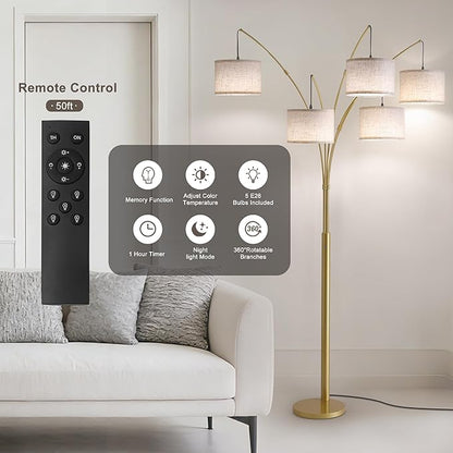 Gold Floor Lamps for Living Room, 4000LM Super Bright Arc Floor Lamp with Remote Control, Large Tall Floor Lamps with Stepless Dimmable, 80" Mid Century Tree Floor Lamp for Bedroom, Office