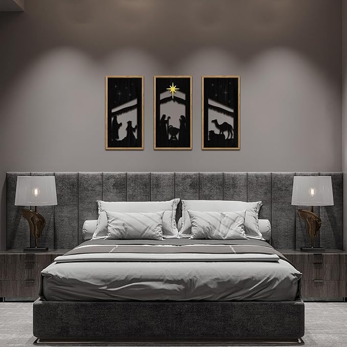 KARNE Christian Wooden Wall Art, Set of 3,Framed Nativity Scene Wall Decor,Abstract Baby Room Nursery Artwork Prints,Large Religious Family Decor for Living Room Bedroom Kitchen Decoration,8X16 inch