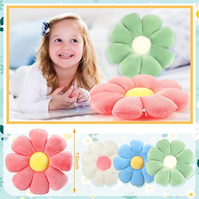 Coume 4 Pcs Flower Pillows 15" Plush Flower Shaped Pillows Daisy Floor Throw Cute Seat Cushion for First Day of School Bed Sofa Couch Chair Office Room Back to School Classroom Decor(Pastel)