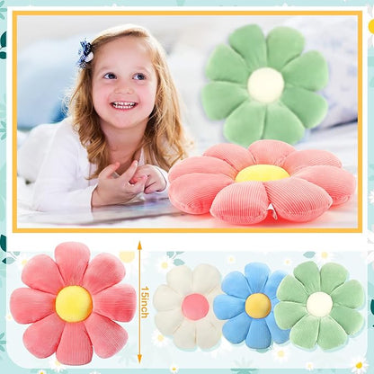 Coume 4 Pcs Flower Pillows 15" Plush Flower Shaped Pillows Daisy Floor Throw Cute Seat Cushion for First Day of School Bed Sofa Couch Chair Office Room Back to School Classroom Decor(Pastel)