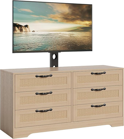 GarveeHome TV Stand with Mount, 47.2" Modern Entertainment Center 6-Drawer Rattan Dresser for 32-85 Inch TVs, Media Console Table with Storage for Living Room, Bedroom, Natural