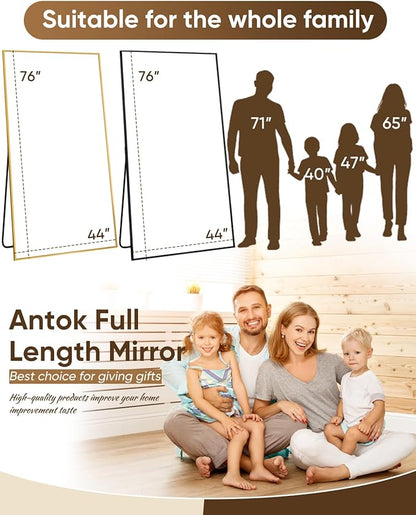 Antok Full Length Mirror, 76"x44" Floor Mirror, Floor Standing Freestanding Full Body Mirror with Stand for Bedroom, Hanging Mounted for Living Room Cloakroom, Black