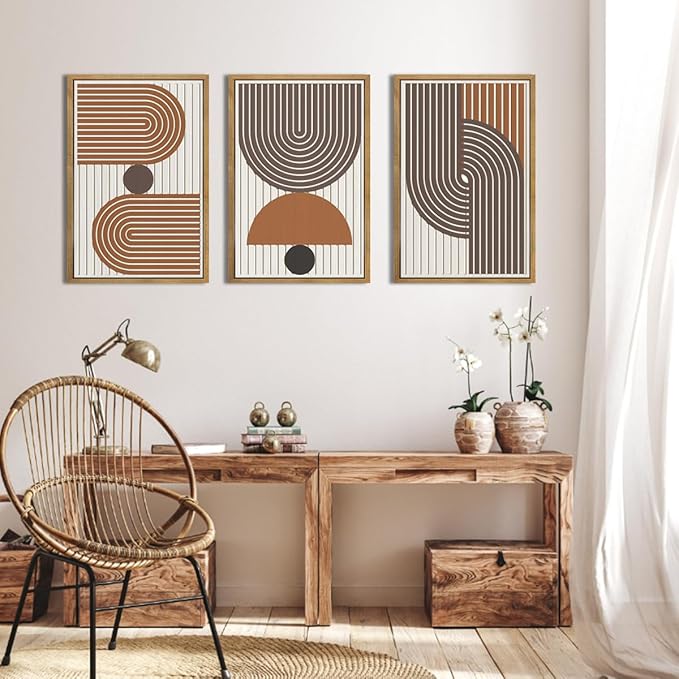 DRACIT Large Modern Mid Century Boho Wall Art Set,Abstract Geometric Wooden Wall Decor,Neutral Minimalist Arch Lines Artwork Beige Orange Brown Wood Grain Art Decor for Living Room,Bedroom,Office-16x24Inch x3