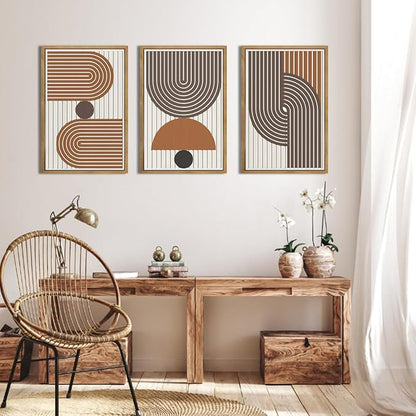 DRACIT Large Modern Mid Century Boho Wall Art Set,Abstract Geometric Wooden Wall Decor,Neutral Minimalist Arch Lines Artwork Beige Orange Brown Wood Grain Art Decor for Living Room,Bedroom,Office-16x24Inch x3