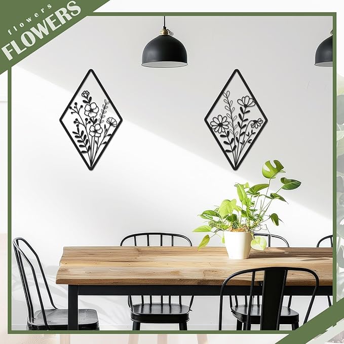 PullCrease 2 Pcs Metal Wall Art, Metal Flower Wall Decor, Modern Floral Art for Living Room, Bedroom, Bathroom, Rustic Farmhouse Decor, Sculpture Kitchen Decoration (Black)